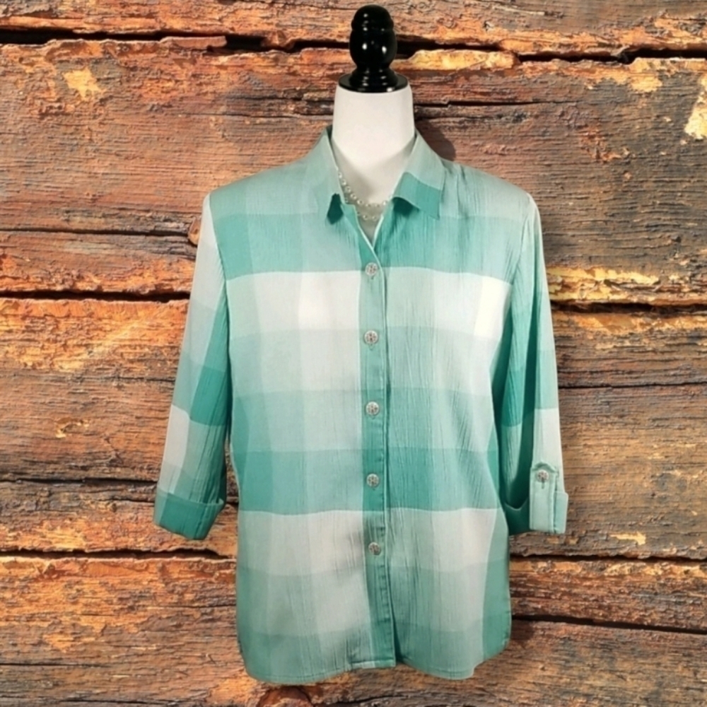 Alia Petite Block Checked 3/4 Sleeves Blouse